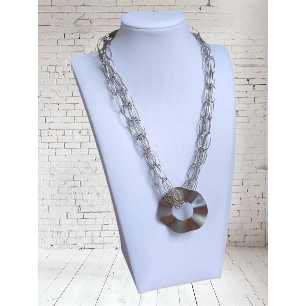 Milor Italy Modern Silver Multi-Chain Necklace with Large Disc Pendant 20"